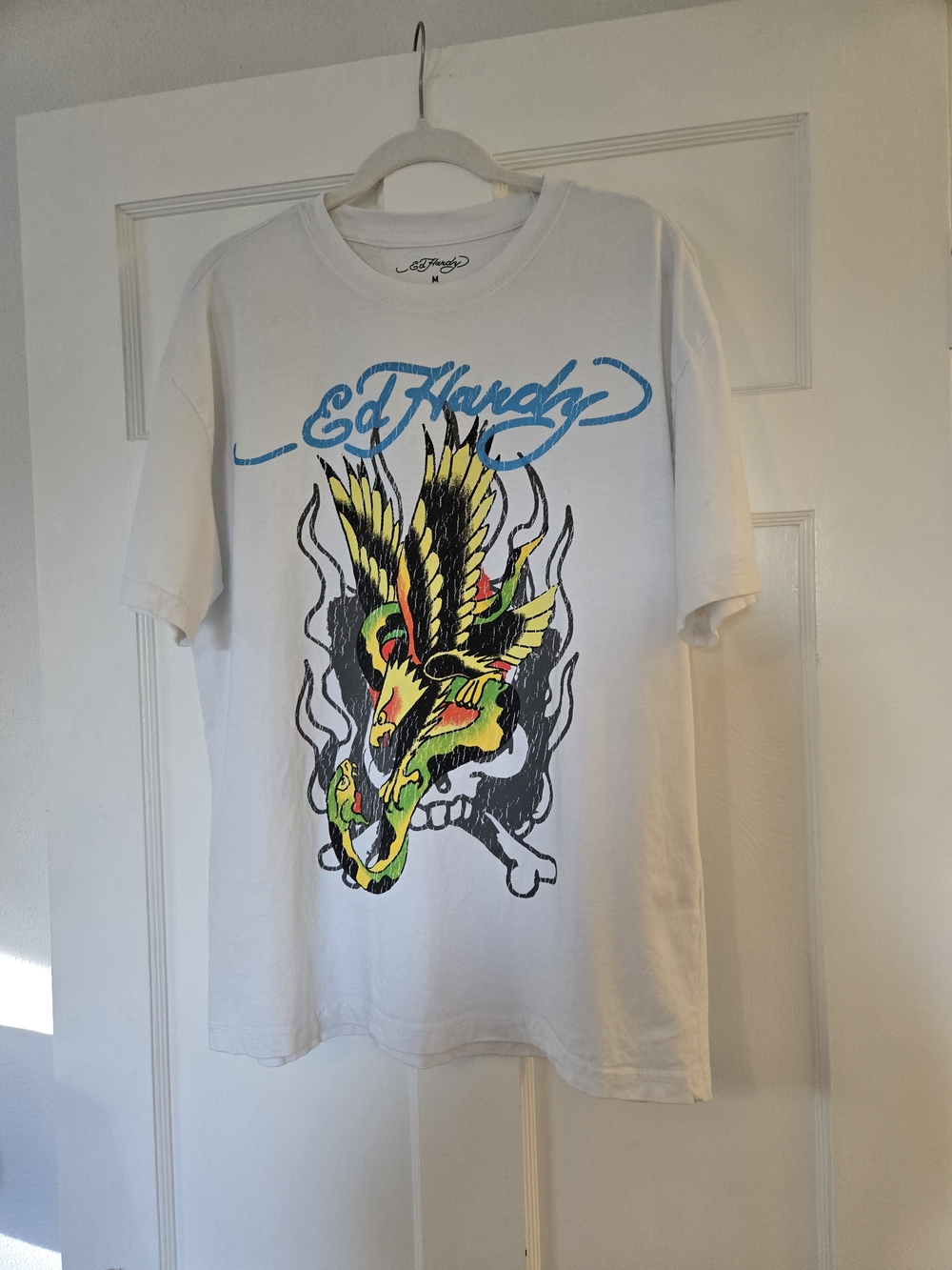 Ed Hardy White Graphic Tee with Vibrant Bird Print